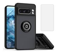 ELISORLI Phone Case for Google Pixel 9/9 Pro 5G Translucent Matte with Tempered Glass Screen Protector Finger Ring Rotating Stand Magnetic Car Mount Accessories Cover Pixel9 9Pro Nine Women Men Black