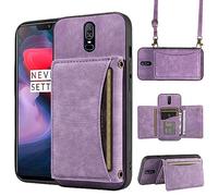 ELISORLI Phone Case For OnePlus 6 Wallet Cover with Crossbody Shoulder Strap and Leather Credit Card Holder Pocket Slim Cell Accessories OnePlus6 A6000 One Plus6 1 Plus 1plus Six One+ 1+6 Girls Purple
