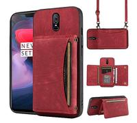 ELISORLI Phone Case For OnePlus 6 Wallet Cover with Crossbody Shoulder Strap and Leather Credit Card Holder Pocket Slim Cell Accessories OnePlus6 A6000 One Plus6 1 Plus 1plus Six One+ 1+6 Girls Red