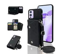 ELISORLI Phone Case for OnePlus 9 OnePlus9 5G Wallet Cover with Crossbody Shoulder Strap and Stand Leather Credit Card Holder Cell Accessories One Plus9 On 1 Plus 1plus One+ 1+ 1+9 Nine Girls Black