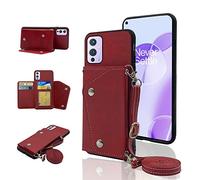 ELISORLI Phone Case for OnePlus 9 OnePlus9 5G Wallet Cover with Crossbody Shoulder Strap and Stand Leather Credit Card Holder Cell Accessories One Plus9 On 1 Plus 1plus One+ 1+ 1+9 Nine Girls Red