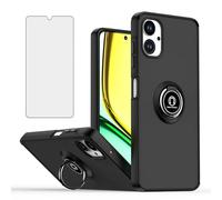 ELISORLI Phone Case for Samsung Galaxy A06 5G Translucent Matte with Tempered Glass Screen Protector Heavy Duty Rugged Finger Ring Rotating Stand Magnetic Car Mount Cover Ao6 A 06 4G LTE Men Black