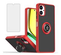 ELISORLI Phone Case for Samsung Galaxy A07 4G Translucent Matte with Tempered Glass Screen Protector Heavy Duty Rugged Finger Ring Rotating Stand Magnetic Car Mount Accessories Cover a07 Women Men Red