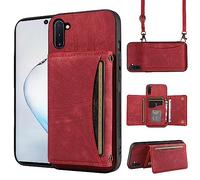 ELISORLI Phone Case For Samsung Galaxy Note 10 5G Wallet Cover with Crossbody Shoulder Strap and Leather Credit Card Holder Pocket Slim Stand Cell Accessories Note10 Notes 10s Ten Not S10 Girls Red