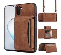 ELISORLI Phone Case For Samsung Galaxy Note 10 5G Wallet Cover with Crossbody Shoulder Strap and Leather Credit Card Holder Pocket Slim Stand Cell Accessories Note10 Notes 10s Ten Not S10 Girls Brown