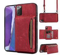 ELISORLI Phone Case For Samsung Galaxy Note 20 5G Wallet Cover with Crossbody Shoulder Strap and Leather Credit Card Holder Pocket Slim Stand Cell Accessories Note20 Notes 20s Twenty Not S20 Red