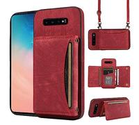 ELISORLI Phone Case For Samsung Galaxy S10 Plus Wallet Cover with Crossbody Shoulder Strap and Leather Credit Card Holder Pocket Slim Stand Cell S10+ S10plus 10S Edge S 10 10plus Girls Women Red