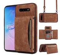 ELISORLI Phone Case For Samsung Galaxy S10 Wallet Cover with Crossbody Shoulder Strap and Leather Credit Card Holder Pocket Slim Stand Cell Accessories S 10 Edge 10S GS10 X10 Girls Women Men Brown