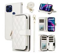 ELISORLI Wallet Case for BLU G91s with Detachable Wrist Strap Crossbody Shoulder Strap 9 Card Slots Zipper Purse Luxury PU Leather Stand Cell Phone Cover for BLUE G 91s 6.8 6.8" 2022 Girls White