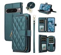 ELISORLI Wallet Case for Google Pixel 8 Pro 5G with Wrist Strap, Crossbody Shoulder Strap, Luxury PU Leather Stand Cell Phone Cover with 9+ Card Slots for Pixel8Pro Pixel8 XL Eight 8Pro Women Green