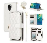 ELISORLI Wallet Case for Huawei Mate 20 with Wrist Strap,Crossbody Shoulder Strap,9+ Card Slots Zipper Purse, Luxury PU Leather Stand Cell Accessories Phone Cover for Hawaii Mate20 P20 Women White