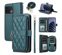 ELISORLI Wallet Case for OnePlus 10 Pro One Plus 10Pro 5G with Detachable Wrist Strap Crossbody Shoulder Strap 9 Card Slots Zipper Purse Phone Cover for On 1Plus 1 + Plus10 1+ Pro Ten Girls Green