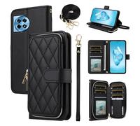 ELISORLI Wallet Case for OnePlus 12R 5G/Ace 3 2024 with Detachable Wrist Strap Crossbody Shoulder Strap 9 Card Slots Zipper Purse Luxury PU Leather Stand Phone Cover for One+ 12 R R12 Ace3 Black