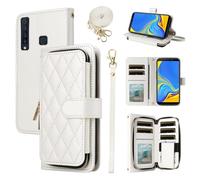 ELISORLI Wallet Case for Samsung Galaxy A9 2018 with Detachable Wrist Strap Crossbody Shoulder Strap 9 Card Slots Zipper Purse,Luxury PU Leather Phone Cover for 9A Star Pro A9S A920 A920F White