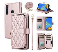 ELISORLI Wallet Case for Samsung Galaxy A9 2018 with Detachable Wrist Strap Crossbody Shoulder Strap 9 Card Slots Zipper Purse,Luxury PU Leather Phone Cover for 9A Star Pro A9S A920 A920F Pink