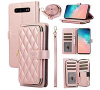ELISORLI Wallet Case for Samsung Galaxy S10 Plus with Wrist Strap, Crossbody Shoulder Strap, Luxury PU Leather Stand Cell Phone Cover with 9+ Card Slots for S10+ S10plus 10S Edge S 10 10plus Pink