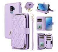 ELISORLI Wallet Case for Samsung Galaxy S9 with Detachable Wrist Strap, Crossbody Shoulder Strap 9+ Card Slots Zipper Purse Luxury PU Leather Stand Cell Phone Cover for S 9 Edge 9S GS9 Girls Purple
