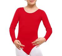 Elite Apparel Girls Long Sleeve Leotard - Ballet, Dance, Gymnastics & PE Bodysuit - Stretch Uniform Top for Kids Ages 5-13- Full Sleeve Basic Leotards (Red, 9-10 Years)