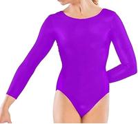 Elite Apparel Girls Long Sleeve Leotard - Ballet, Dance, Gymnastics & PE Bodysuit - Stretch Uniform Top for Kids Ages 5-13- Full Sleeve Basic Leotards (Purple, 9-10 Years)
