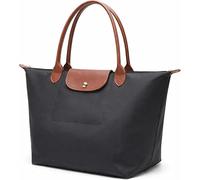 Elite Apparel Large Tote Bag for Women - Lightweight Nylon Shoulder Bag with Leather Handles, Foldable Shopper Handbag for Work, Travel & Everyday Use (Black)