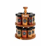 Elite Creations Premium Acacia Wood 2-Tier Rotating Spice Rack with 16 Glass Spice Jars - Spice Rack for Inside Cupboard - Elegant Storage Solution for Spices and Cooking Essentials,