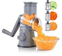 Elite Gourmet EFP593 Rotary Cheese Grater with 3 Stainless-Steel Blades for Slicing, Shredding & Fine Shredding, Strong Suction Base, Dishwasher-Safe, Gray