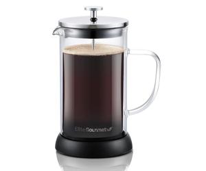 Elite Gourmet FP1223 1 Liter French Press Coffee Maker, Double Wall Insulated Borosilicate Glass Carafe W/Handle, Dishwasher Safe Stainless Steel Filter/Plunger, Removable Silicone Base, Easy Clean
