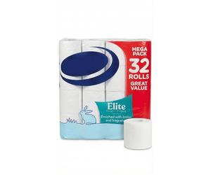 Elite Luxury Toilet Tissue Mega Pack - 32 Rolls of 3-Ply Quilted Paper Enriched with Soothing Lotion and Fresh Talc Scent, FSC Certified Sustainable Virgin Pulp, Bulk Value for Home Comfort