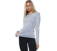 Elite Pleasure Women T-Shirt Ladies Plain Basic Long Sleeve Round Neck Stretch Casual Summer Jumper Plus Size UK 8-26 Blouse Tee Layering Top Light Grey-12-14