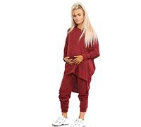 Elite Pleasure Womens 2 Piece Pregnancy Tracksuit Set High Low Top & Bottoms Maternity Casual Loungewear Sweatshirt Ladies Drawstring Pajama Set Nightwear Wine 20-22