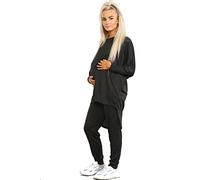Elite Pleasure Womens 2 Piece Pregnancy Tracksuit Set High Low Top & Bottoms Maternity Casual Loungewear Sweatshirt Ladies Drawstring Pajama Set Nightwear Black M-L
