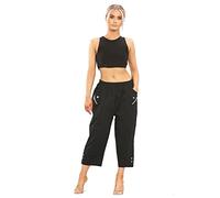 Elite Pleasure Womens Ladies Plain Cropped Capri Trousers Casual Loungewear Cargo Trouser Elasticated Hippy Summer 3/4 Shorts Black 18