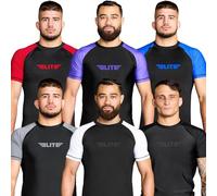 Elite Sports 2022 Jiu Jitsu BJJ Rash Guards, Men's BJJ, No GI, MMA Ranked Short Sleeve Compression Base Layer Rash Guard Black