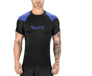 Elite Sports 2022 Jiu Jitsu BJJ Rash Guards, Men's BJJ, No GI, MMA Ranked Short Sleeve Compression Base Layer Rash Guard Blue