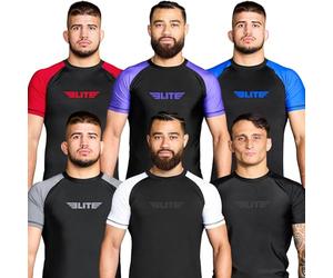 Elite Sports 2022 Jiu Jitsu BJJ Rash Guards, Men's BJJ, No GI, MMA Ranked Short Sleeve Compression Base Layer Rash Guard Gray