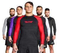 Elite Sports Men's Jiu Jitsu BJJ Rash Guard, Long Full Sleeve Compression Shirt for Sports Nogi Training Red