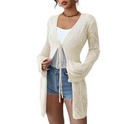 Elitechoice Women's Summer Crochet Sheer Mesh Beach Cover-Up Open Front Loose Knit Cardigan Sweaters for Swimwear Casual Tops, Apricot, XXL
