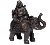 EliteKoopers 1Pcs Dark Brown Peace of the East Brushed Wood Effect Lucky Buddha on Elephant For Home Decoration Item