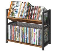 ELITEROO 2-Tier CD Holder, Wooden DVD Storage Rack for Display, Tilting CD Shelf Holds Up to Standard CDs 80 Cases or DVDs 56 cases, Retro Desk DVD Organizer Tower for Music Enthusiasts, Rustic Brown