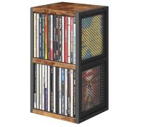 ELITEROO CD Holder Desk Rack Organizer, Wooden CD Storage Stand Holds up to 30 Cd Cases, 2 Tier CD Tower with Mesh Sides, Retro Small CD Display Shelf for Theatre Room, Home Collectibles, Rustic Brown