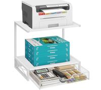 ELITEROO Printer Stand for Desk with Storage Drawer, 2 Tier Desktop or Under Desk Shelf, Wood Desk Organizer for Home Office, Fits 3D Printer, Scanner, Fax Machine, Cricut, White