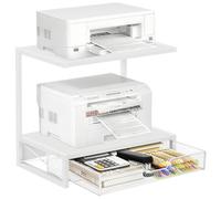 ELITEROO Printer Stand for Desk with Storage Drawer, 2 Tier Desktop or Under Desk Shelf, Wood Desktop Organizer for Home Office, Fits 3D Printer, Scanner, Fax Machine, Cricut, White