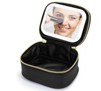 Elitzia Mini Makeup Bag with Lighted Mirror Portable Travel Cosmetic Bag PU Leather Waterproof Makeup Organiser with 3 Color Modes Detachable LED Vanity Mirror Rechargeable Vanity Case for Women Black