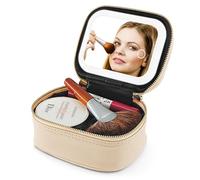 Elitzia Mini Makeup Bag with Lighted Mirror Portable Travel Cosmetic Bag PU Leather Waterproof Makeup Organiser with 3 Color Modes Detachable LED Vanity Mirror Rechargeable Vanity Case for Women Beige