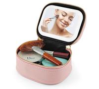 Elitzia Mini Makeup Bag with Lighted Mirror Portable Travel Cosmetic Bag PU Leather Waterproof Makeup Organiser with 3 Color Modes Detachable LED Vanity Mirror Rechargeable Vanity Case for Women Pink