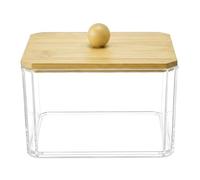 Elitzia Square Qtip Cotton Ball Holder Acrylic Qtip Dispenser with Bamboo Lid Floss Swab Dispenser Bathroom Storage Jar Canister Multifunctional Box Beauty Salon ET32966(Square with Rounded Top Lid)