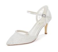 Elivandon 870174 Women Lace Wedding Heels Pointy Toe Pearl 3.15 Inch Mid Heel Buckle Bride Pump Wedding Shoes Colour Ivory,Size 5 UK/38 EU
