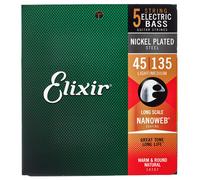 Elixir 14207 Strings Nickel Plated Steel 5-String Bass Strings w NANOWEB Coating, Long Scale, Light/Medium (.045-.135)