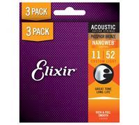 Elixir Phosphor Nanoweb Acoustic Strings 3 Pack 11-52