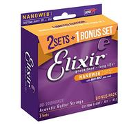 Elixir Strings 16538 80/20 Bronze Acoustic Guitar Strings with Nanoweb Coating, Set of 3 Pieces